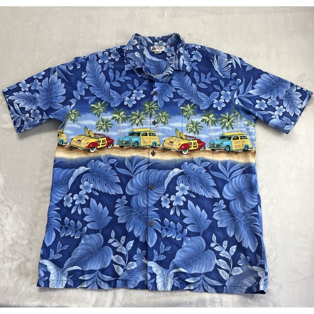 VTG Aloha Republic Hawaiian Shirt Men Large Blue Classic Car Surfboard Palm Tree